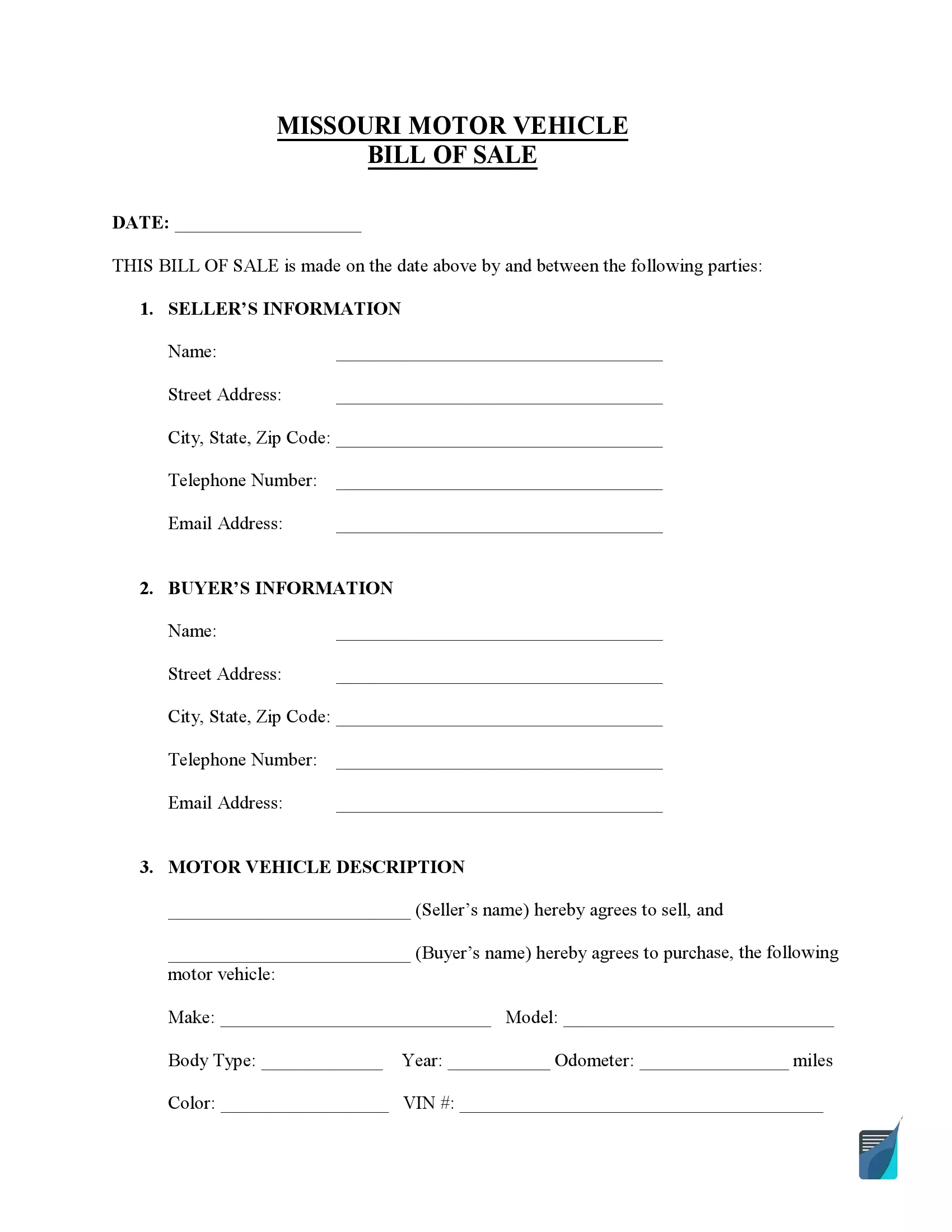Missouri motor vehicle bill of sale template