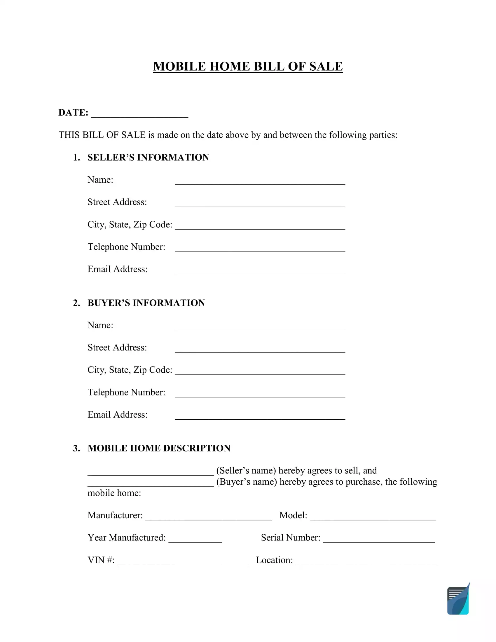 Free Mobile Home Bill Of Sale Form Template Formspal