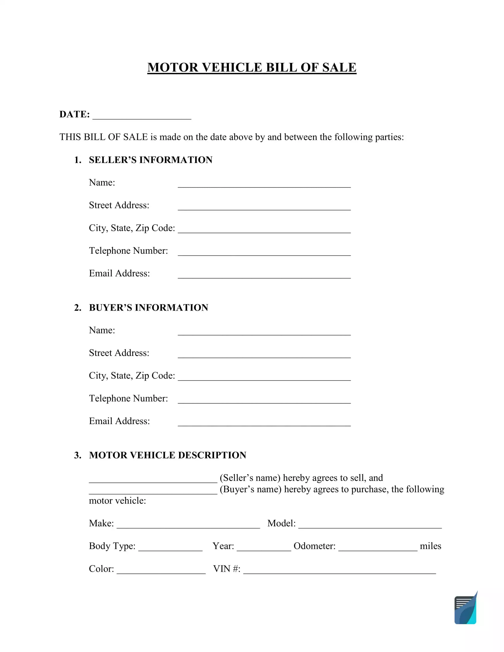 Bill of Sale Template - Free PDF  Word Forms - FormsPal Regarding Vehicle Bill Of Sale Template Word