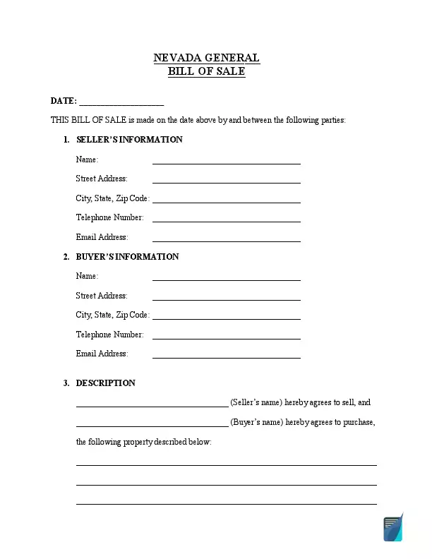 Nevada general bill of sale template