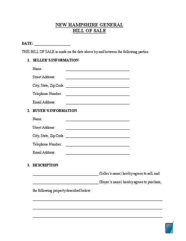 New Hampshire general bill of sale template