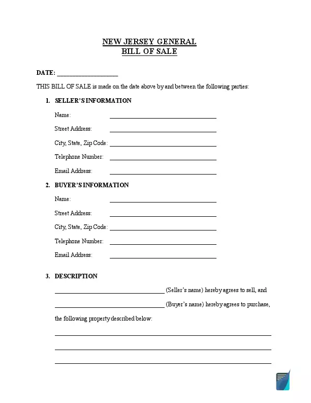 New Jersey general bill of sale template