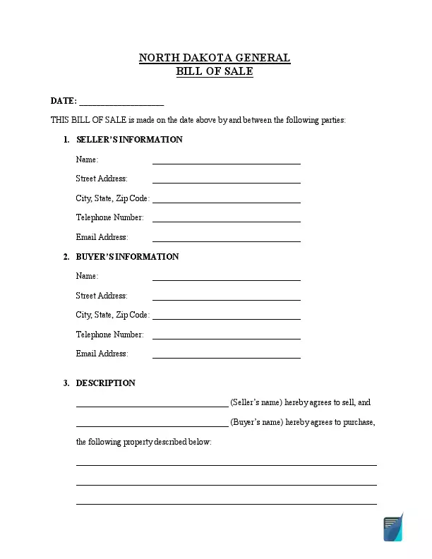 North Dakota general bill of sale template