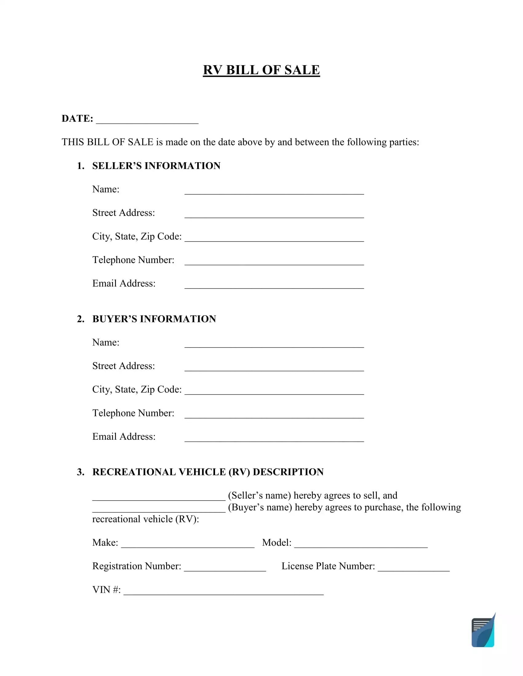 Free RV (Recreational Vehicle) Bill of Sale Form  FormsPal Intended For legal bill of sale template