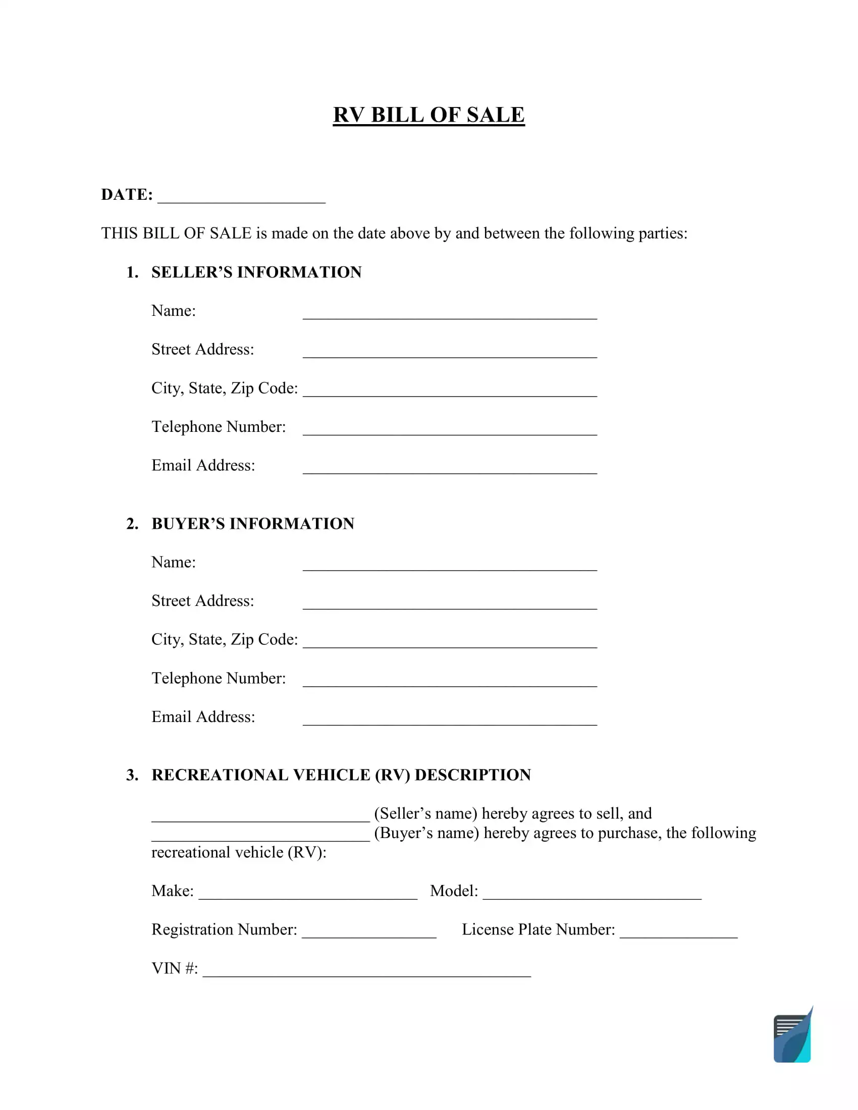 Free Rv Recreational Vehicle Bill Of Sale Form Formspal 6536