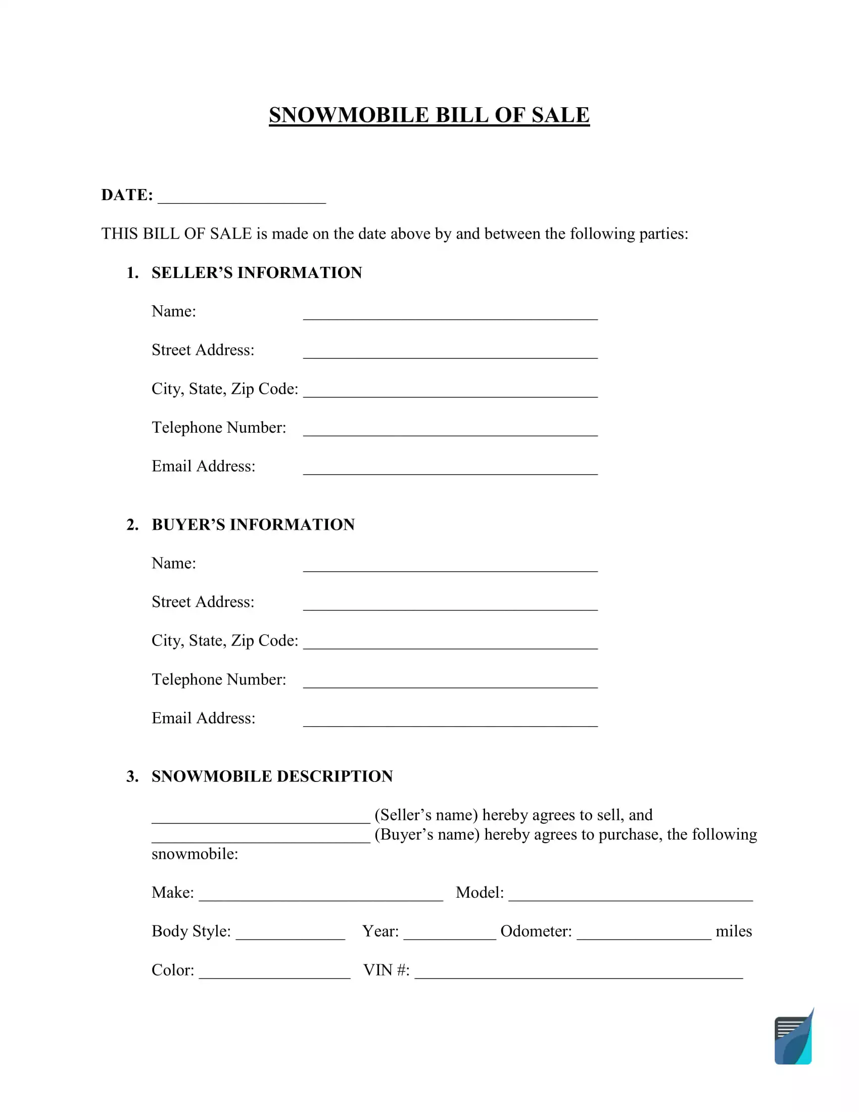 Free Snowmobile Bill Of Sale Form Template Formspal