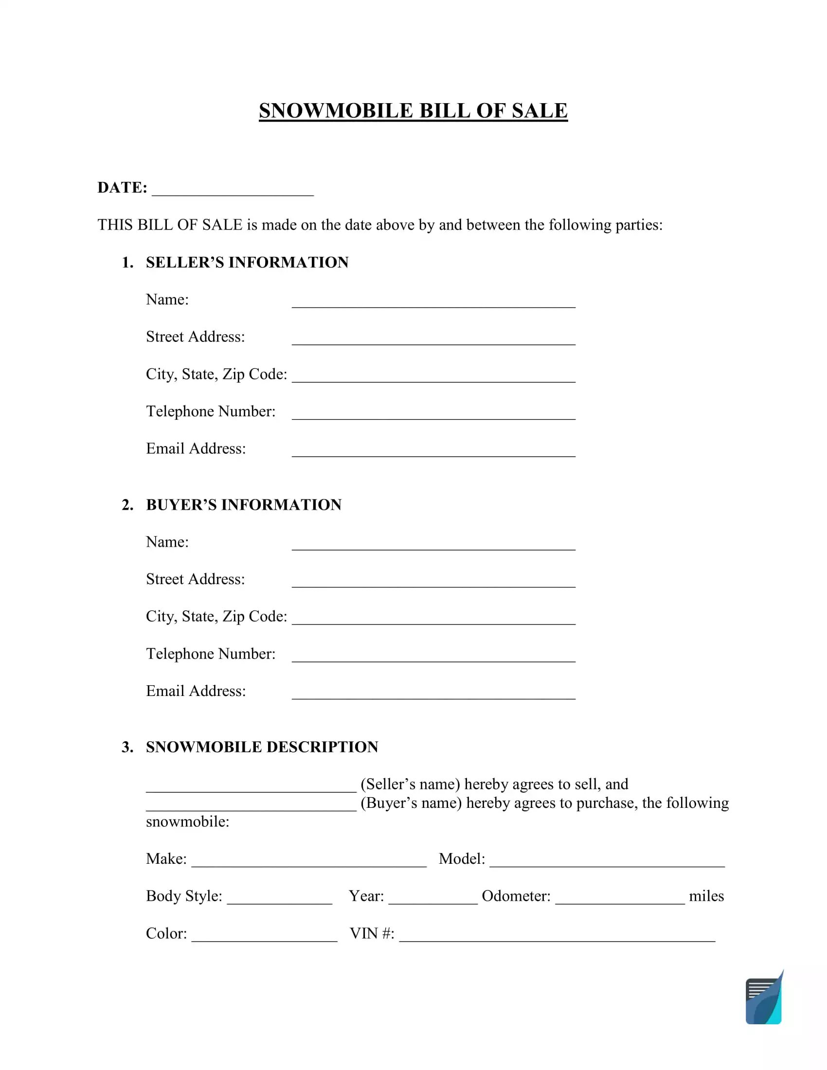 Free Snowmobile Bill Of Sale Form Download PDF FormsPal