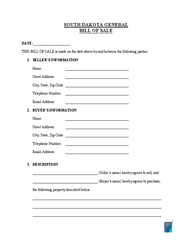 South Dakota general bill of sale template