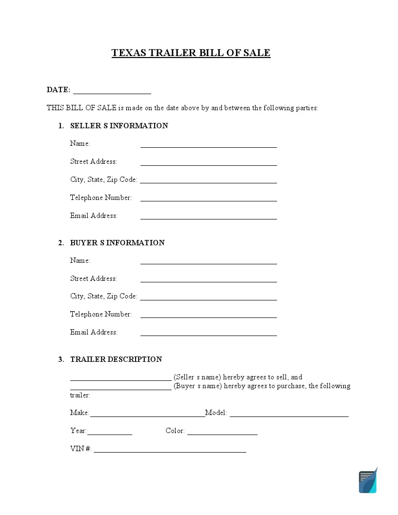Free Texas Trailer Bill of Sale Form (PDF)  FormsPal