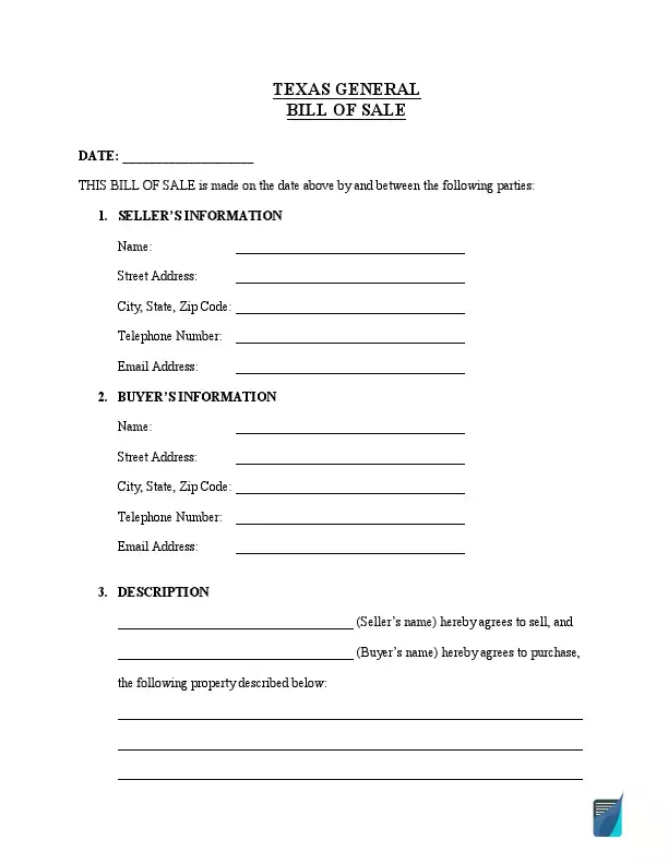 Texas general bill of sale template
