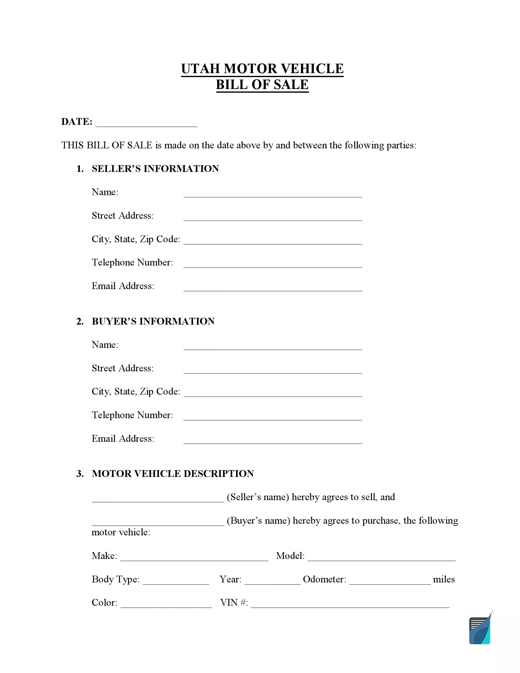 Free Utah Bill Of Sale Forms PDF FormsPal