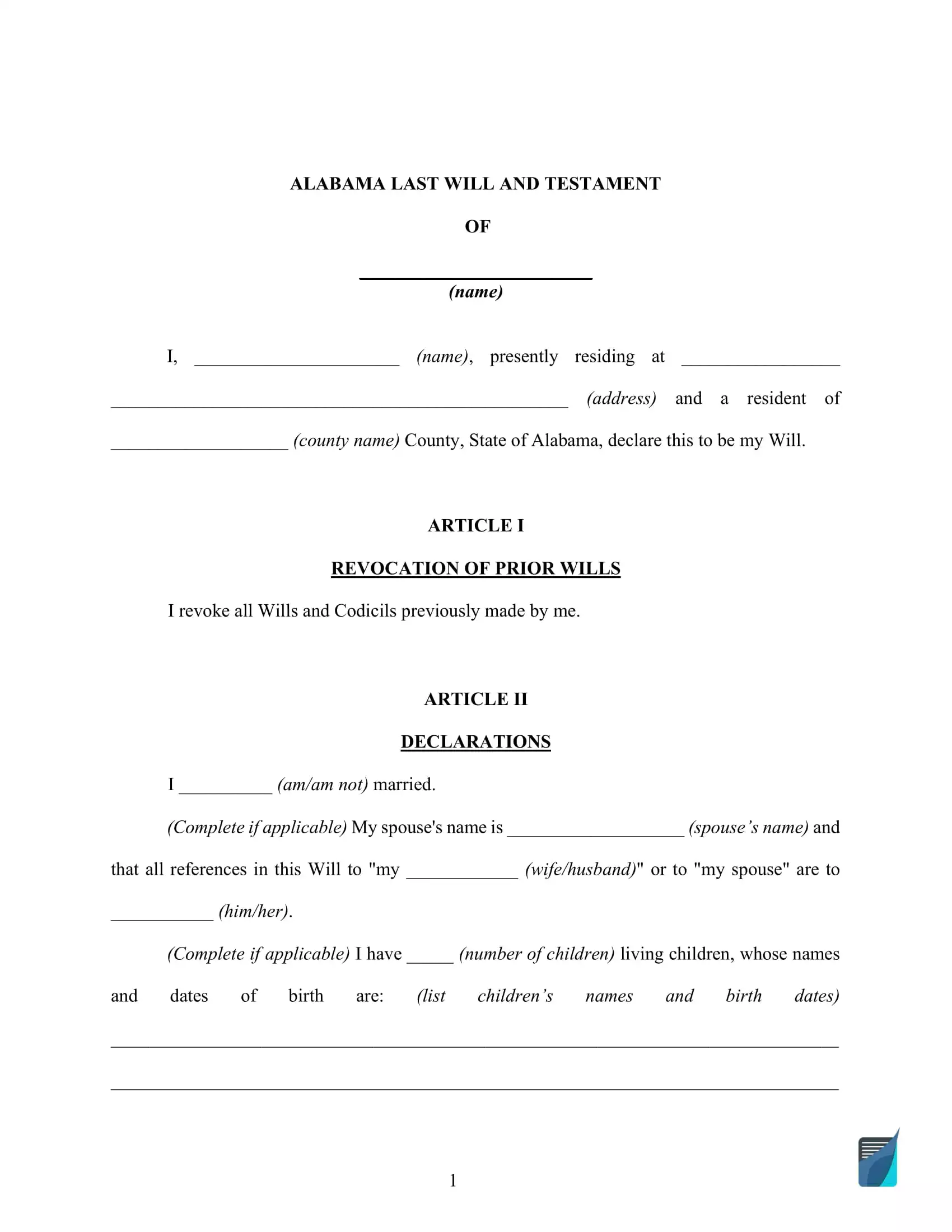 Fillable Alabama Last Will and Testament Form [FREE]  FormsPal