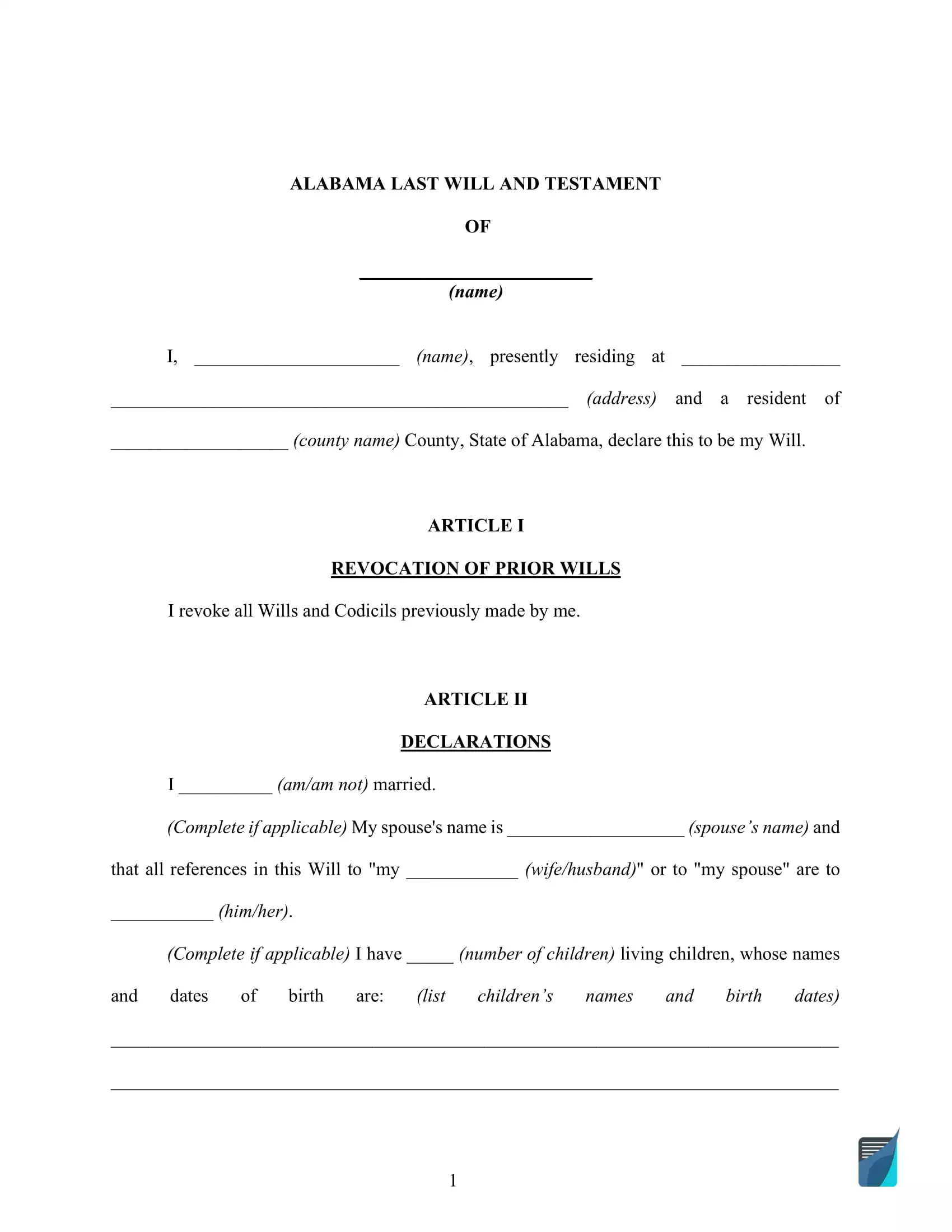 Fillable Alabama Last Will and Testament Form [FREE] FormsPal