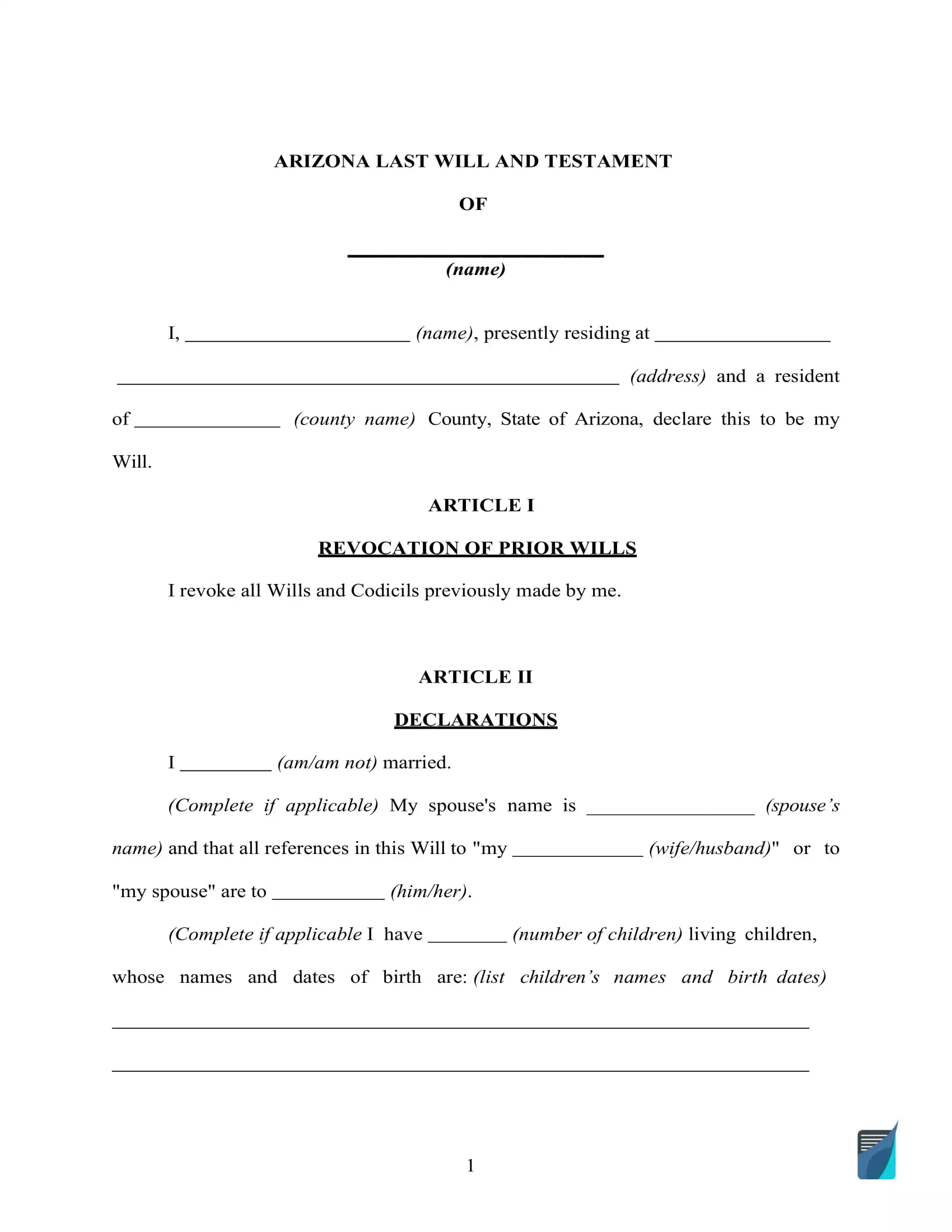 Fillable Arizona Last Will and Testament Form [Free] | FormsPal