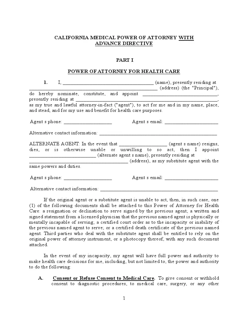 California Medical Power of Attorney Form | CA Health Care POA