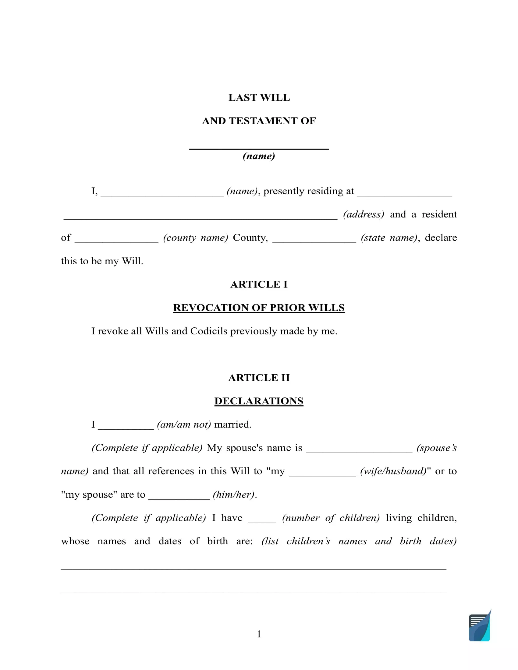 Free Last Will and Testament Template ⇒ Printable Forms Online