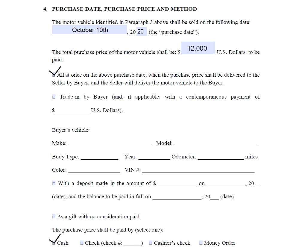 motor vehicle bill of sale method of sale