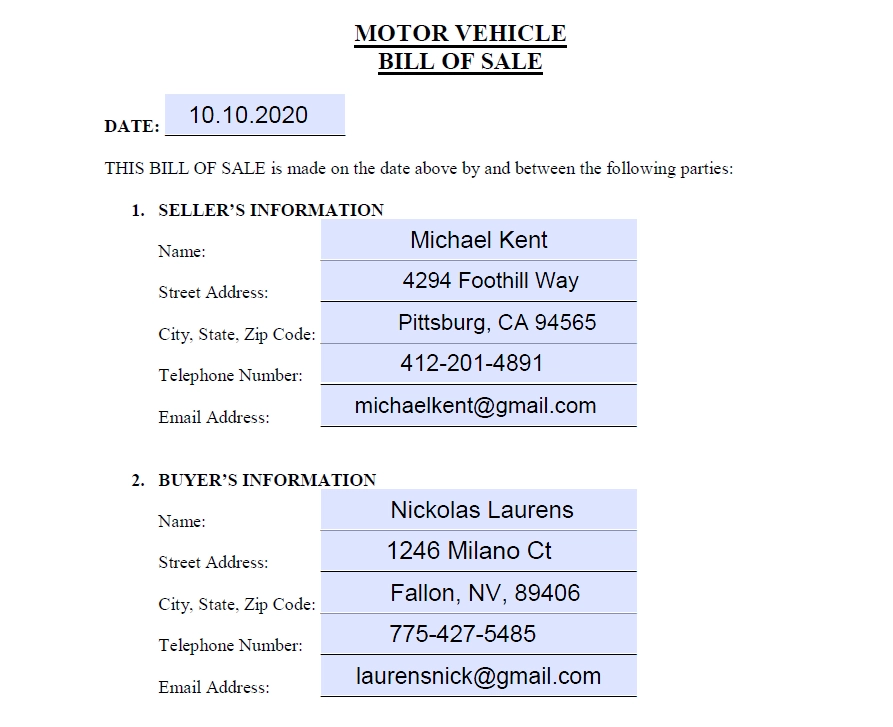 motor vehicle bill of sale parties