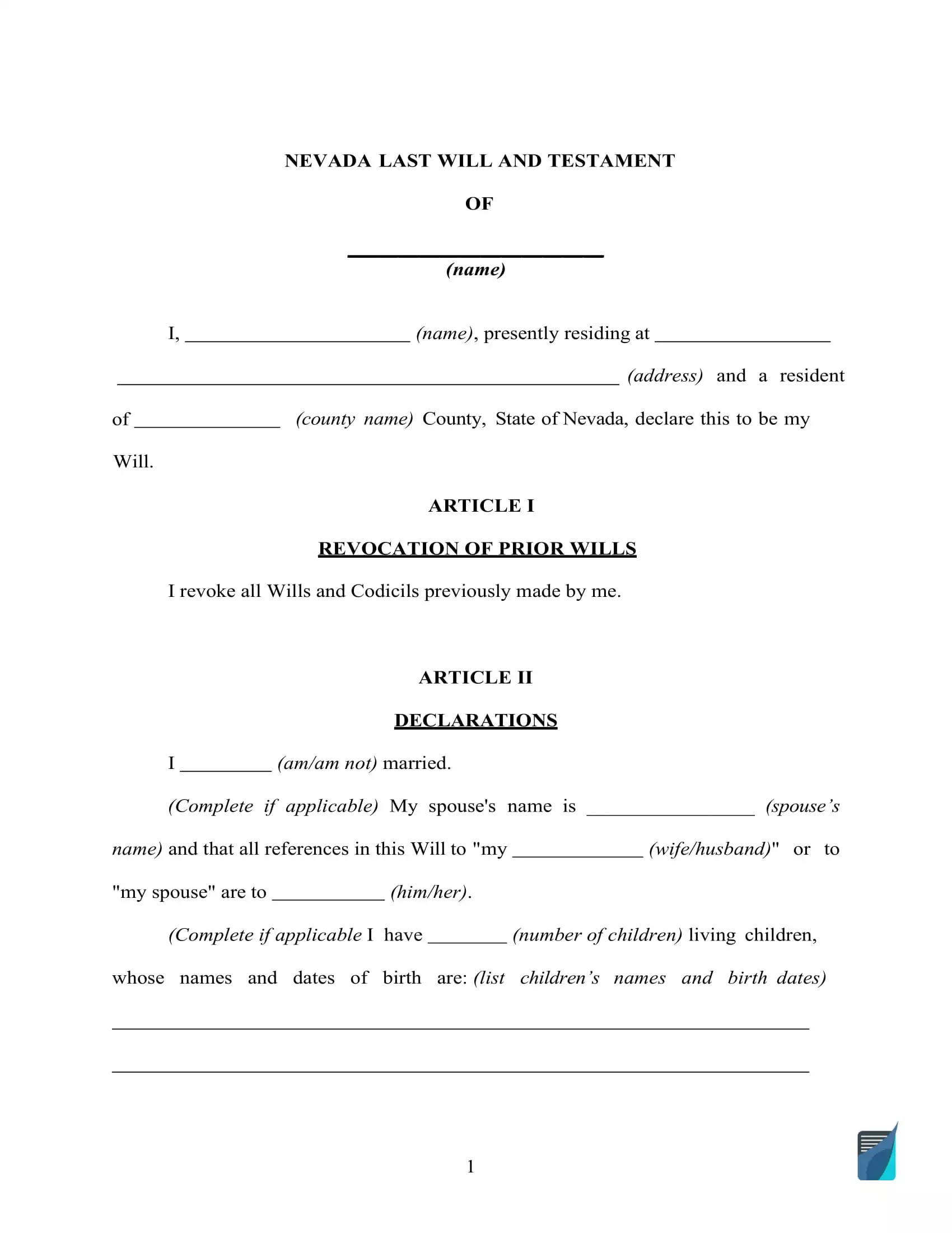 Fillable Nevada Last Will and Testament Form [Free] | FormsPal