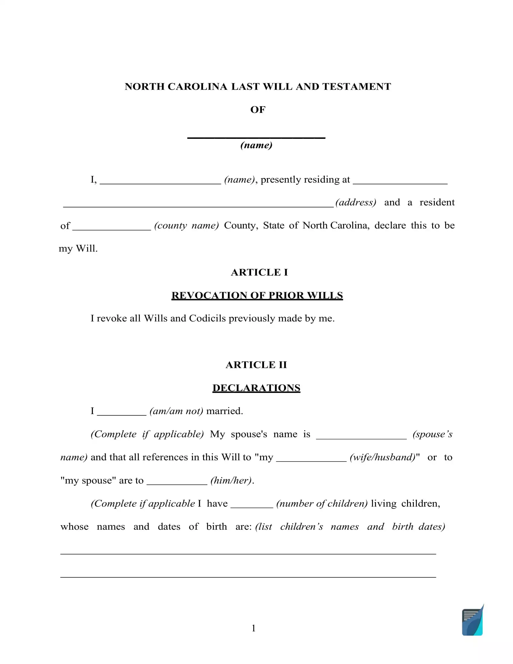 North Carolina Last Will And Testament Form NC Will Template