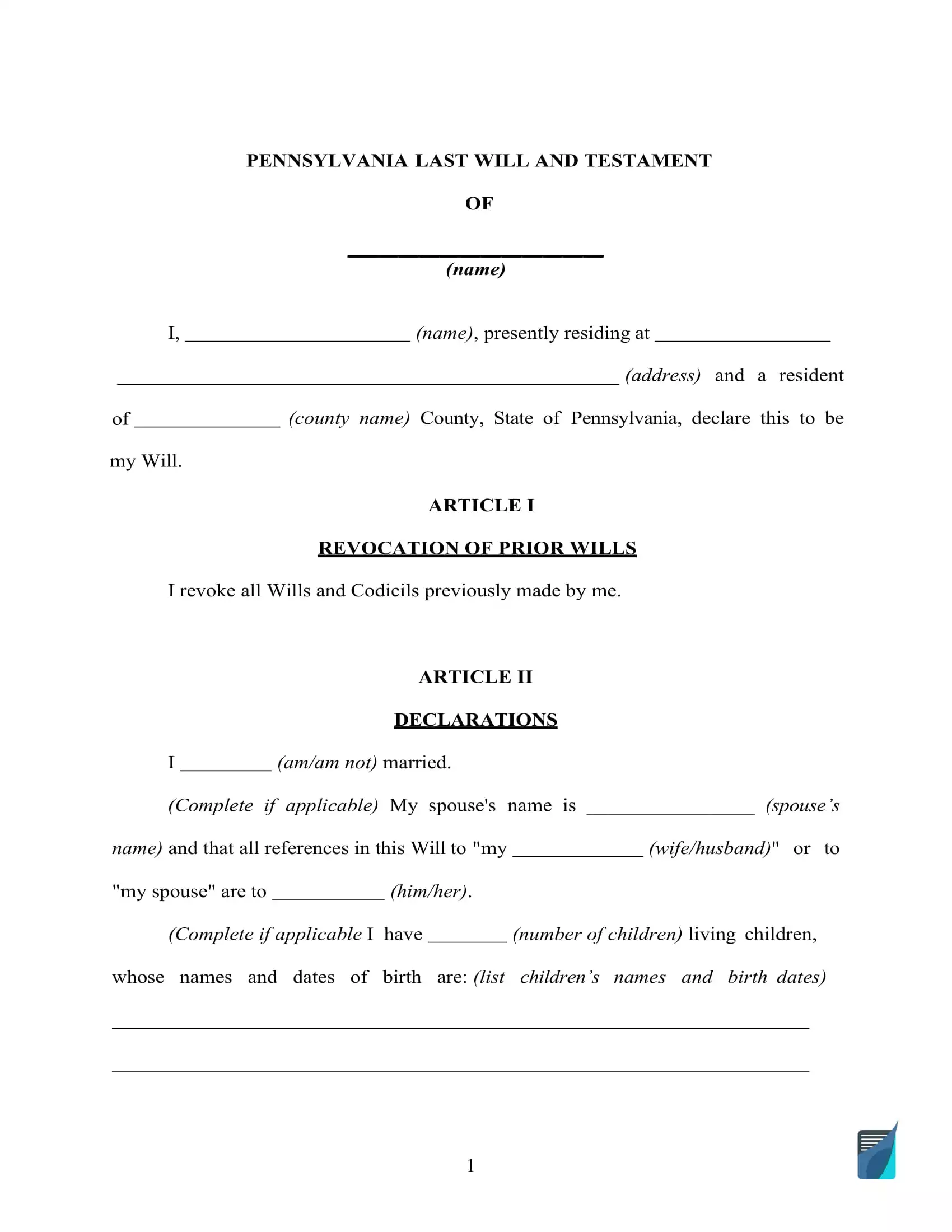Fillable Pennsylvania Last Will And Testament Form Free Formspal