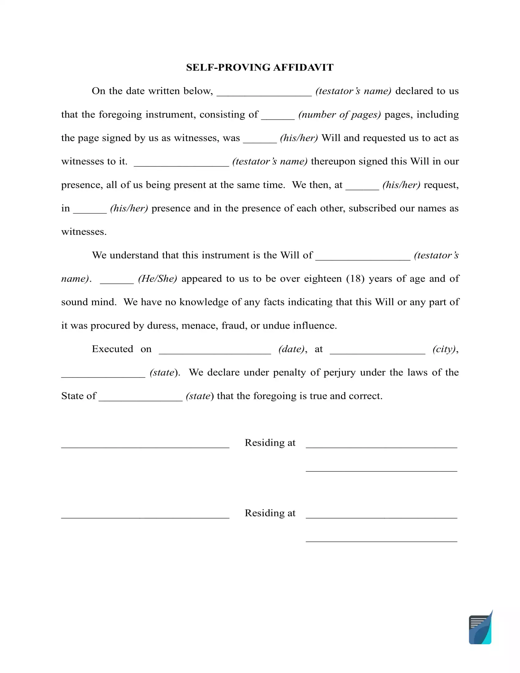 Free Self-Proving Affidavit Form for a Last Will (PDF and Word)