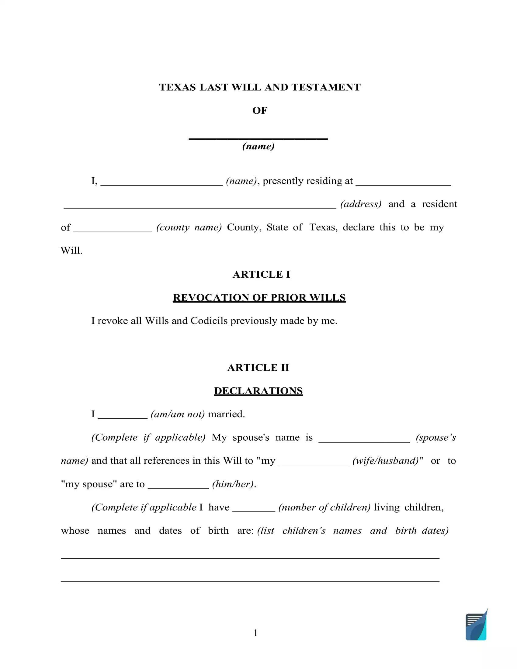 Fillable Texas Last Will And Testament Form Free Formspal