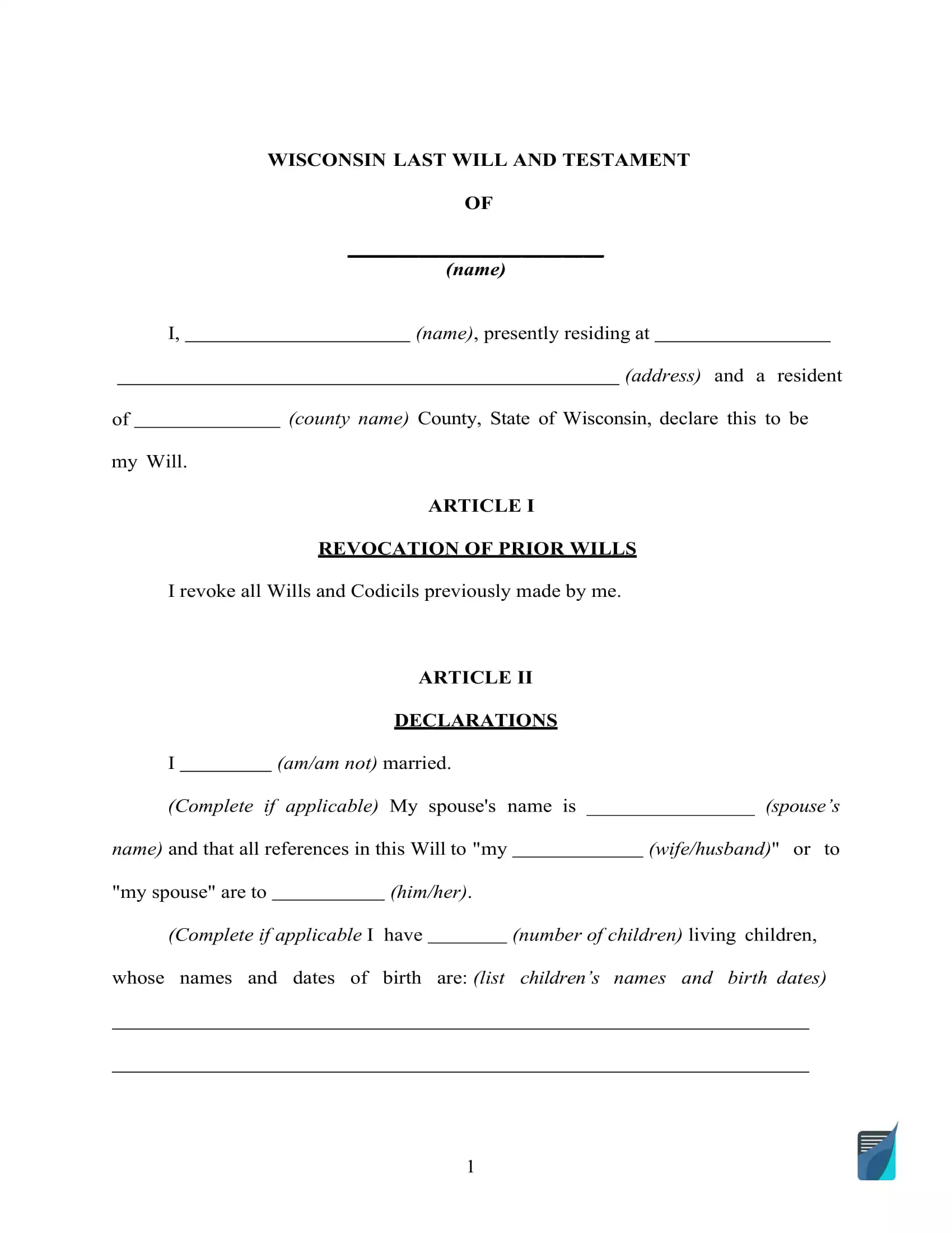 Fillable Wisconsin Last Will And Testament Form Free Formspal
