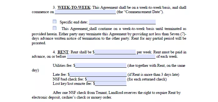 weekly rental agreement amount of rent payment