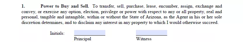 Powers indication section of a durable power of attorney form for Arizona