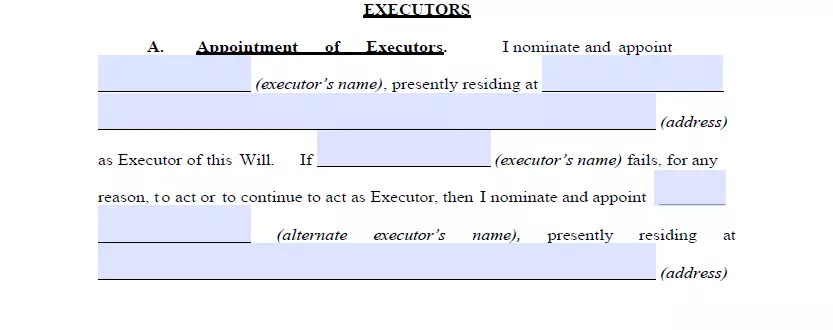 Executor choosing section of a Arizona last will template