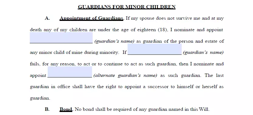 Guardian appointment section of last will form for Arizona