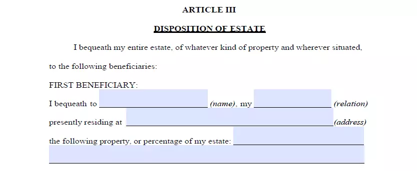 Beneficiaries specification and assets allocation section of last will document arizona