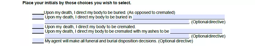 Funeral and burial instructions description section of Arizona medical power of attorney document