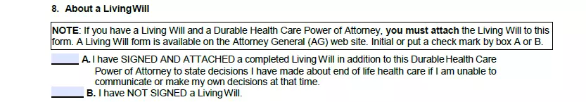 Part for stipulating living will regulations of a document of medical power of attorney for Arizona