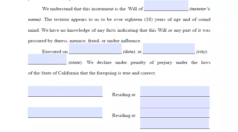 Witnesses signing section of California last will