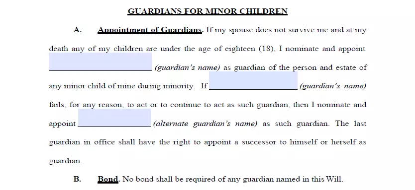 Guardian appointment section of a last will template for Colorado