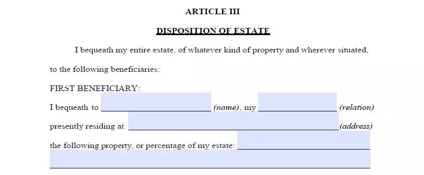 Beneficiaries specification and property allocation section of last will Colorado