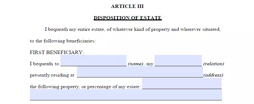 Section for specifying beneficiaries and allocating property of last will for Florida
