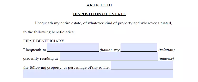 Section for specifying beneficiaries and allocating assets of last will Georgia