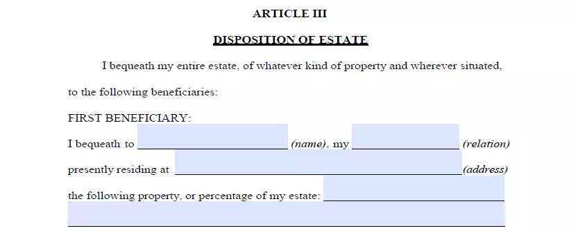 Beneficiaries specification and assets allocation section of Idaho last will form