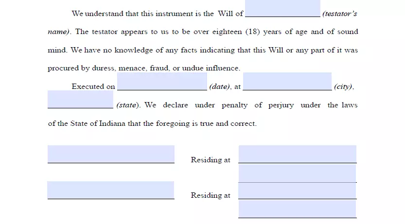 Signatures of witnesses section of will and testament template for Indiana