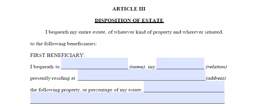 Beneficiaries specification and assets allocation part of will and testament Louisiana