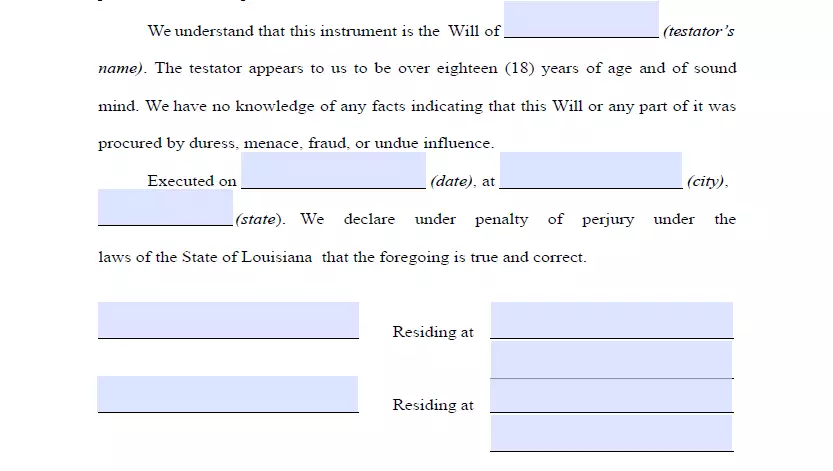 Witnesses signing section of Louisiana last will form