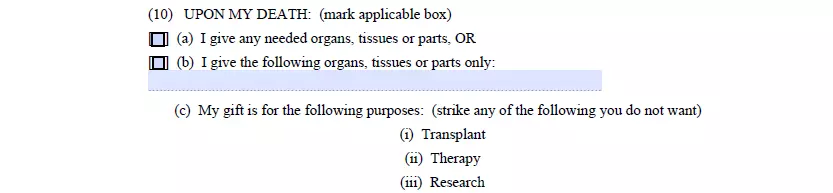 Part for organs donation information of a living will template for Maine