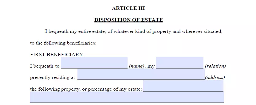 Beneficiaries specification and property allocation part of last will forms for Massachusetts