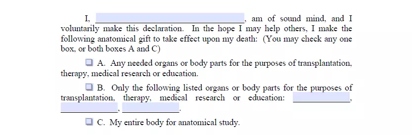 Section for indication of organ donation of a living will for Michigan