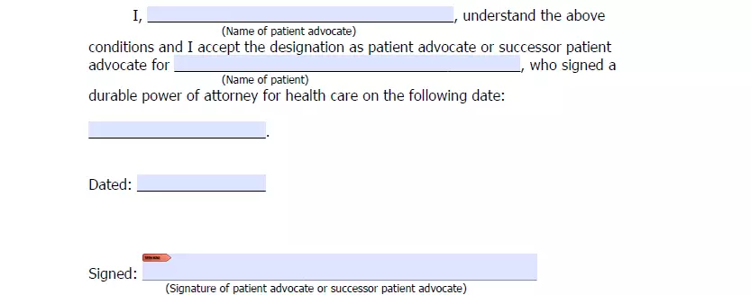 Patient advocate signing part of Michigan medical power of attorney