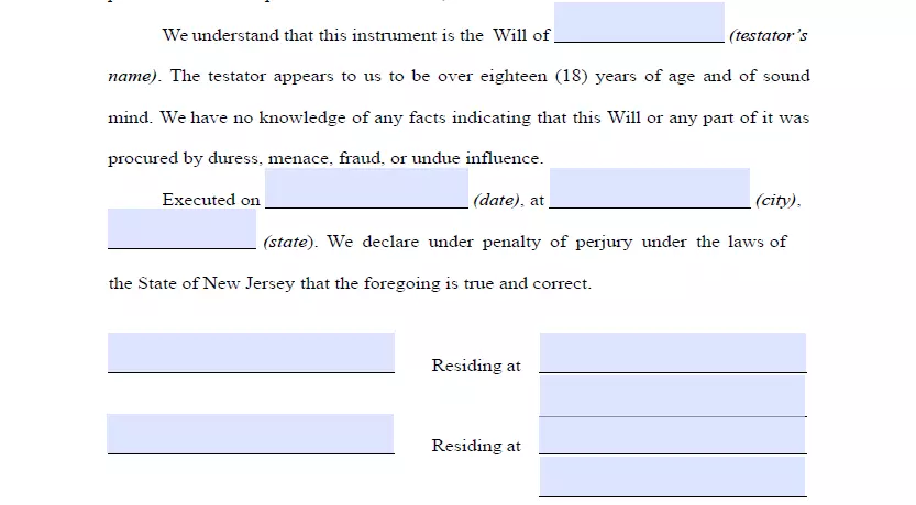 Signatures of witnesses section of a New Jersey last will template