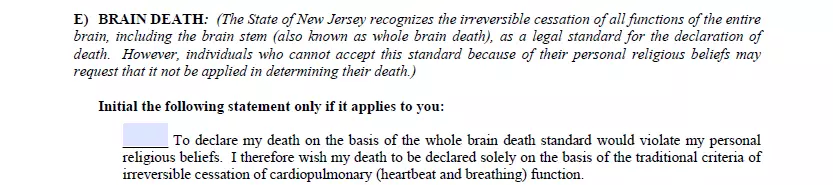 Dead braincase information section of living will for New Jersey